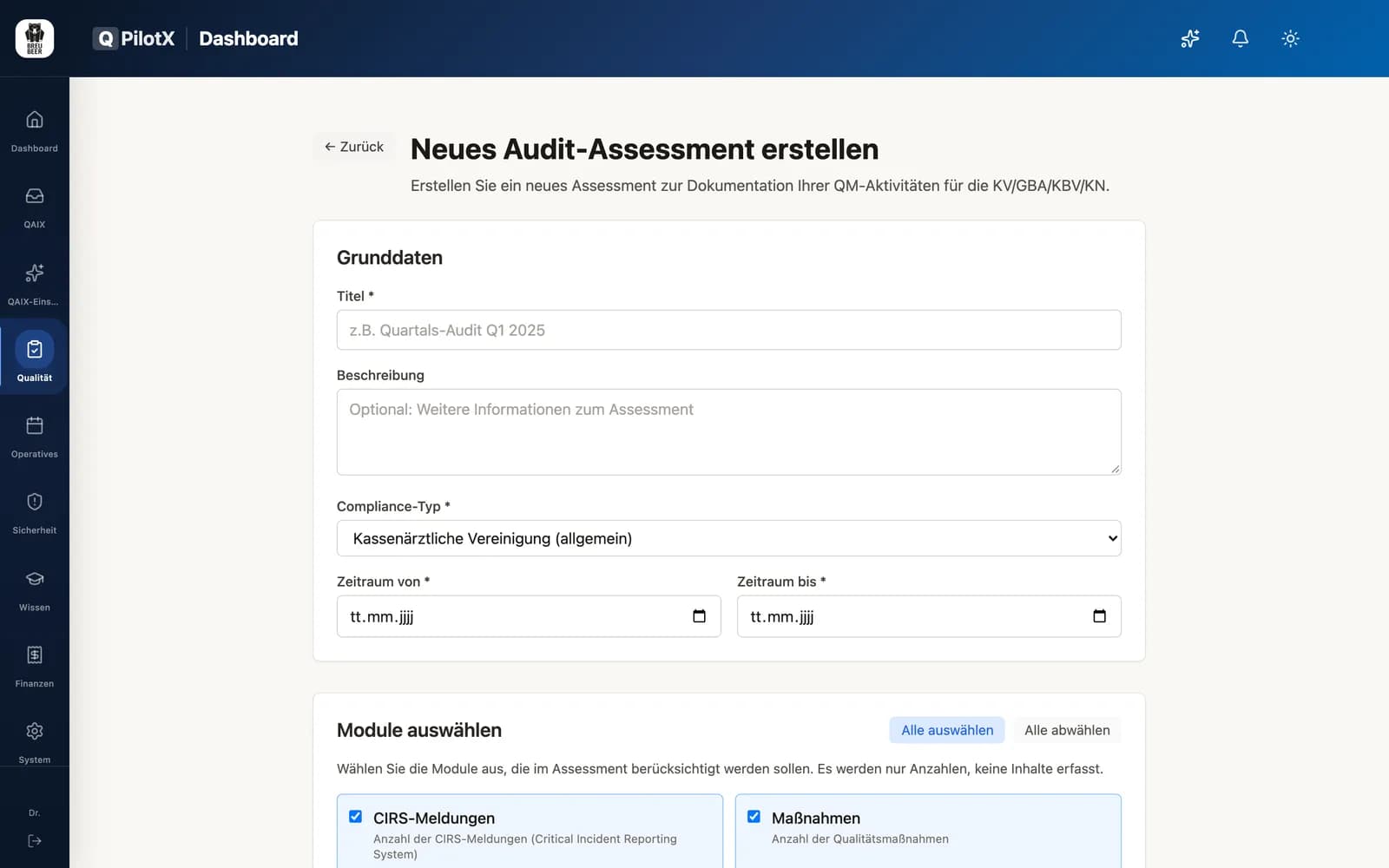 Neues Audit-Assessment anlegen: Grunddaten (Titel, Zeitraum) und die Liste der Module, aus denen QPilotX die Nachweise zählt – hier sind alle Module ausgewählt.
