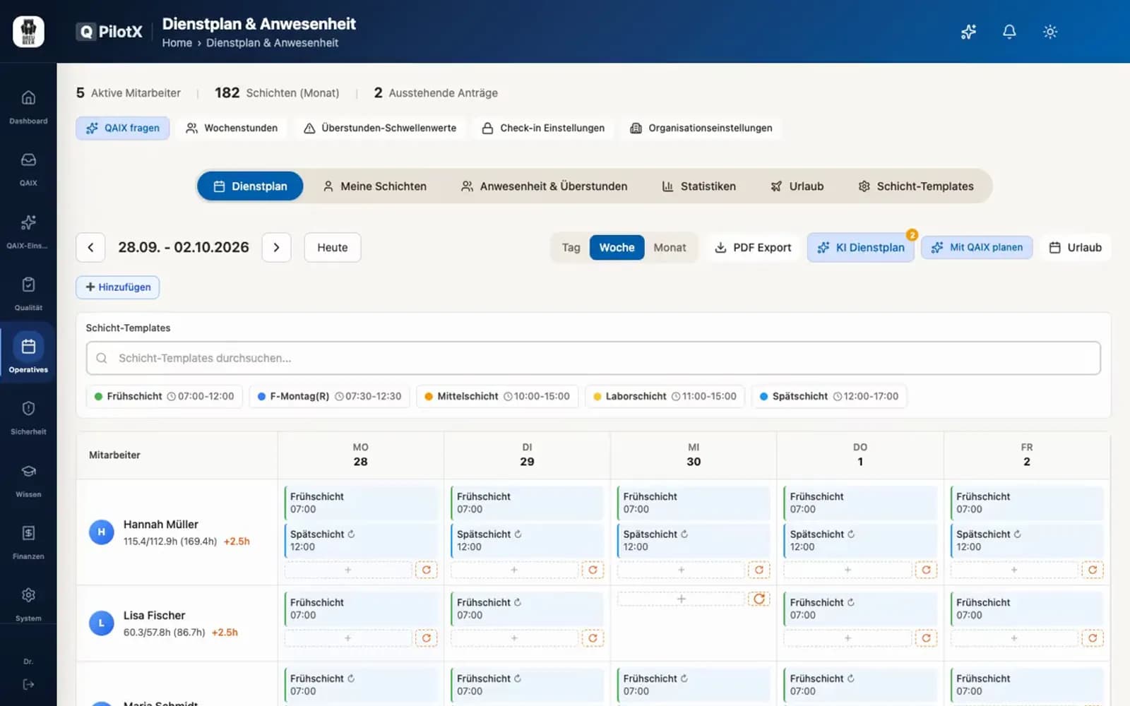 Dienstplan im Dashboard: Wochenansicht mit Schichten wechselt zur Urlaubsübersicht.