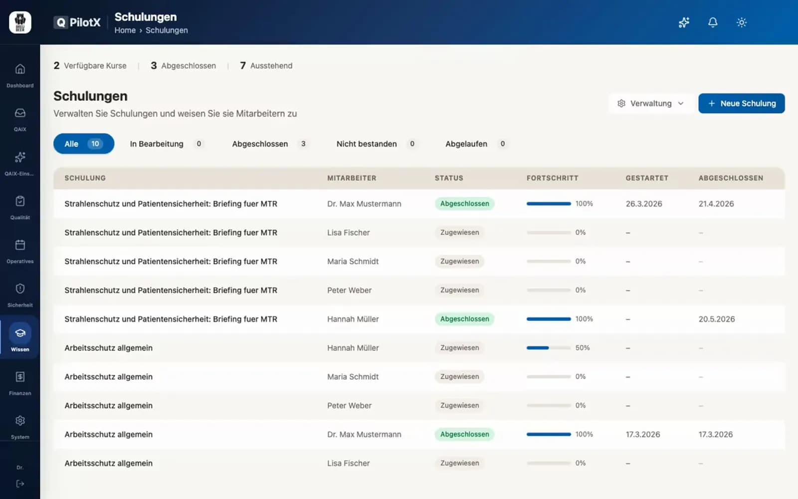 Schulungen im Dashboard: Kursliste mit Status und Fortschritt je Mitarbeitendem wird gescrollt.