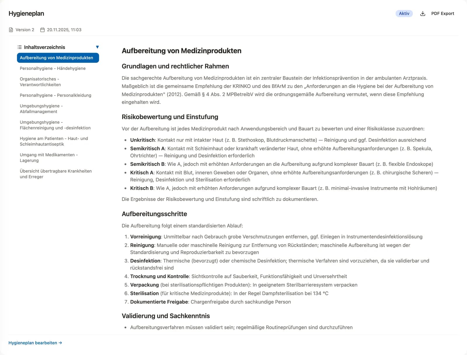 Hygieneplan mit Inhaltsverzeichnis nach Bereichen, geöffnet beim Abschnitt Aufbereitung von Medizinprodukten, Status Aktiv